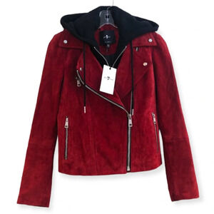 7 For All Mankind Red Leather Bold Western Detachable Hooded Moto Zip Jacket NWT